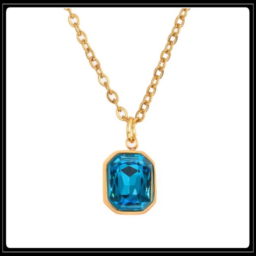 New Gold Simulated Blue Topaz Crystal Cushion Minimalist Paperclip Necklace